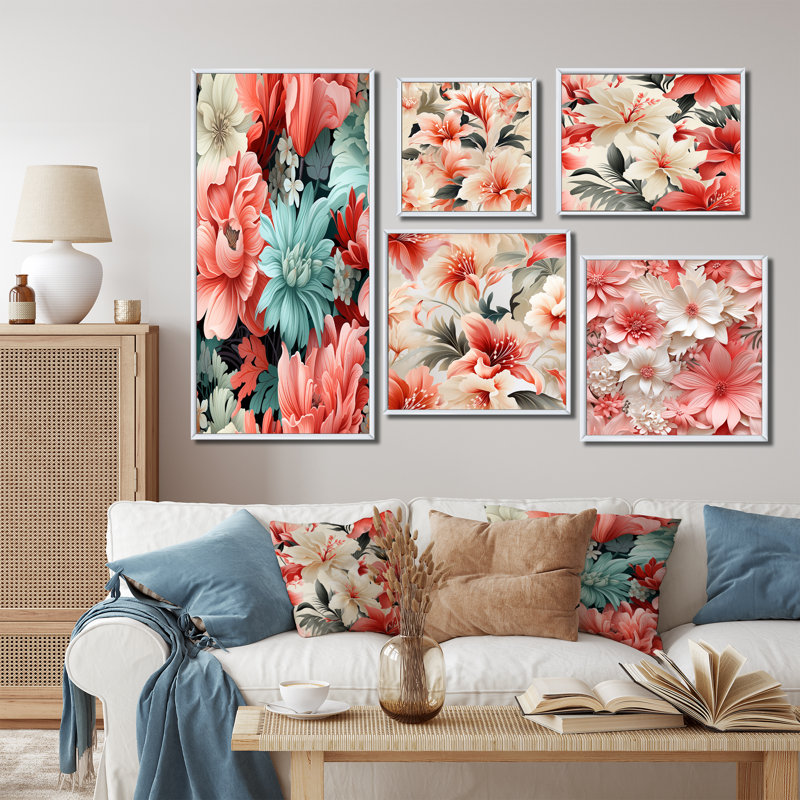 Bellville - Ensemble de 5 reproductions d'art mural tropical, Cadre flottant blanc