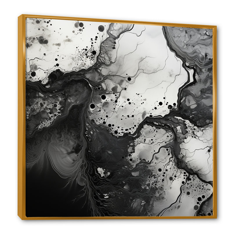 «Black Ink», encre liquide noire et blanche, sur toile, Cadre flottant doré, H 36 po x l 36 po x P 1,5 po