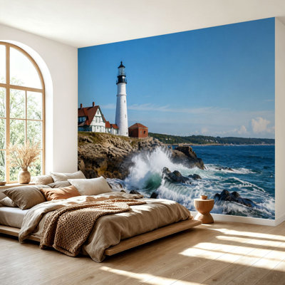 Wall Mural Peel and Stick Wallpaper Portsmouth Harbor Light coastal water sea ocean beach Self-Adhesive Removable Contact Paper Wall Decor for Living Room Bedroom 69"H x 96"W