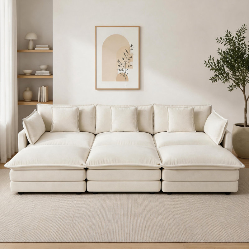 Canapé modulaire 110 po en L chenille avec repose-pieds réversible, Chenille beige