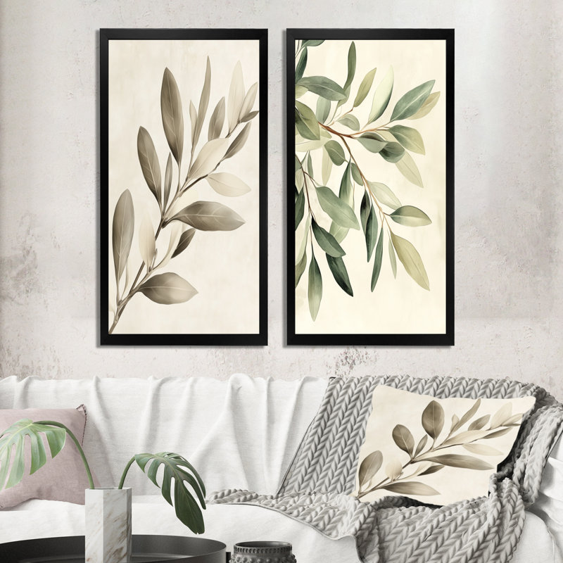 Branche d'olivier d'eucalyptus doux III - Deux impressions encadrées d'eucalyptus, 32" H x 32" W, Black Picture Framed