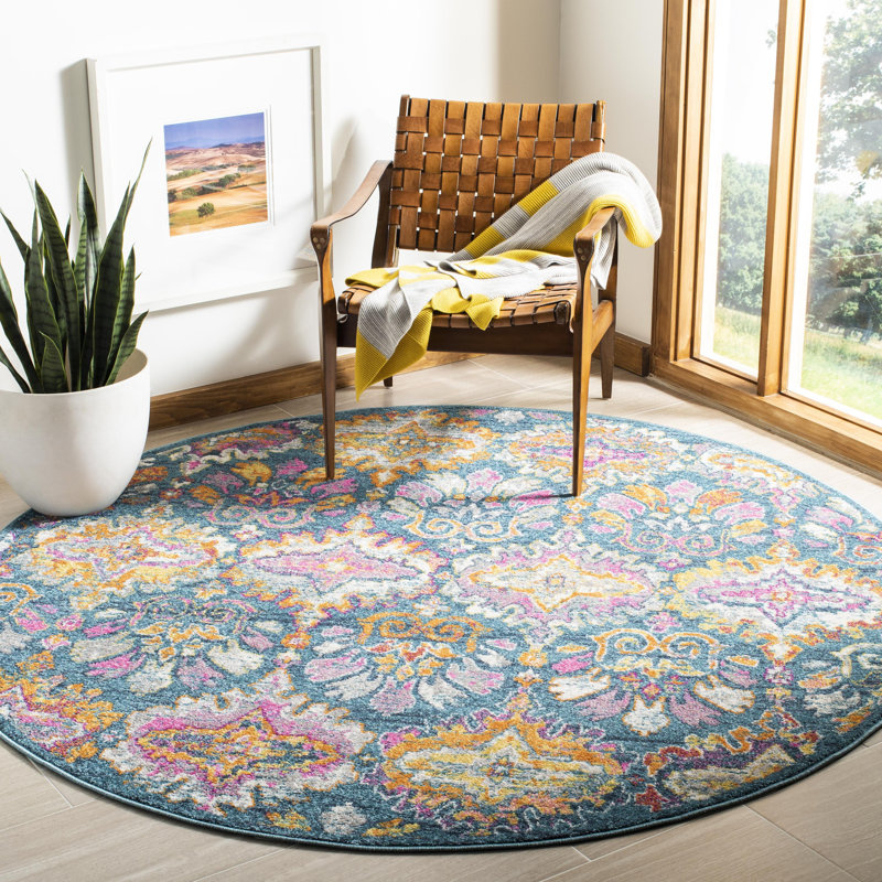 Christa Oriental Blue/Orange/Pink Area Rug, Round 6'7"