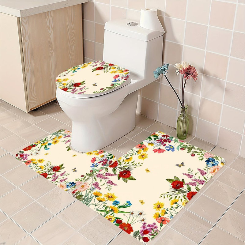 Ensemble de 3 tapis de salle de bain Watercolor Wildflower, Red/Beige Wildflower