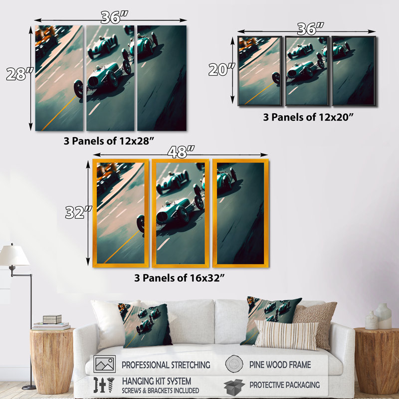 «Retro Race Car in Monaco Street Race III», reproduction sur toile 3 pièces, Toile avec cadre doré
