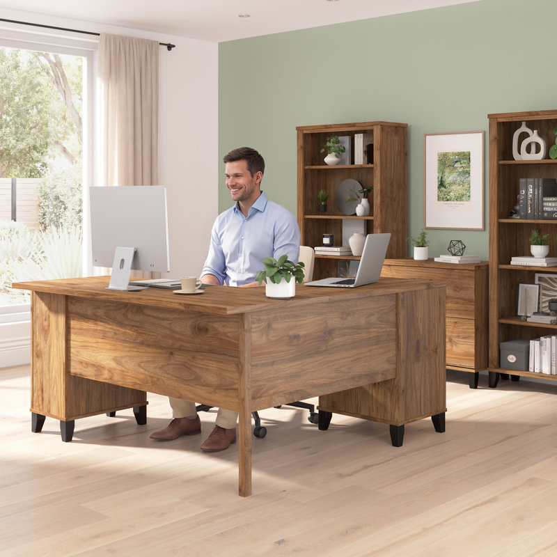 Paelynn 60” L-Shaped Desk with Storage and Drawers, Corner Computer Office Desk, Modern Wood, Fresh Walnut, Fresh Walnut