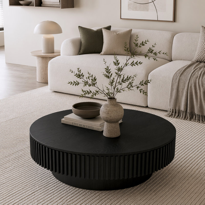 Table basse ronde avec rangement Table basse moderne en placage de bois massif, L 39,37 po, Noir