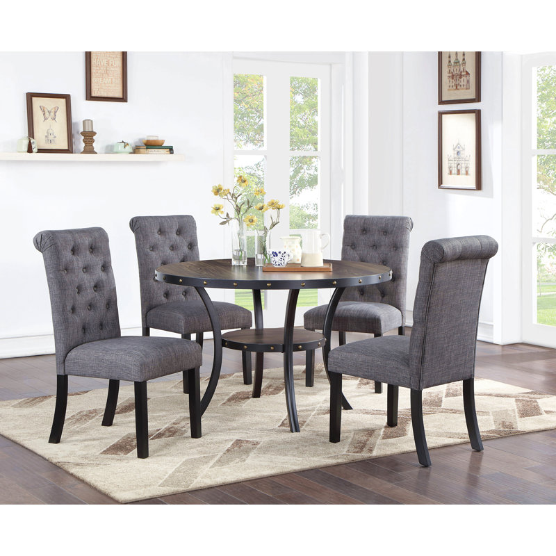 Ensemble de salle à manger moderne et classique en bois naturel Table de salle à manger ronde 4X Chaises d'appoint en tissu gris anthracite