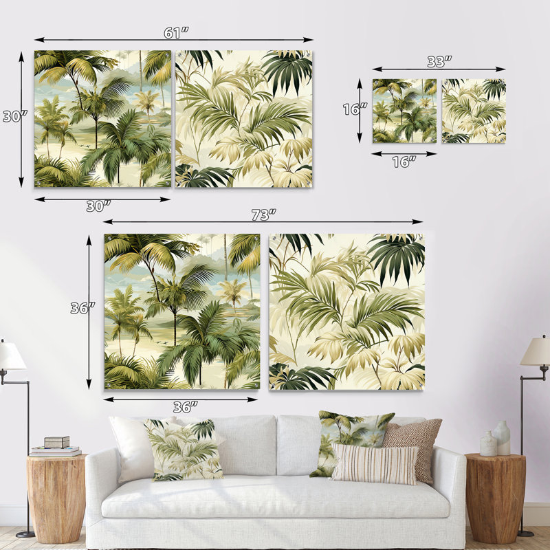 Palmier motif tropical - ensemble de 2 verres muraux en acrylique, H 36 po x l 73 po