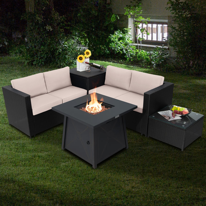 Ensemble de conversation avec canapé en rotin et coussins 5 pièces Zhou, Beige