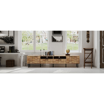 Mid Century Tv Console For Tvs Up To 85 Inches, 78.7 Inch Table With 2 Drawers And Open Storage, Spacious Compartments, Cable Management, Easy Assembly Stand 80 - 89 Tvs, Entertainment Closed