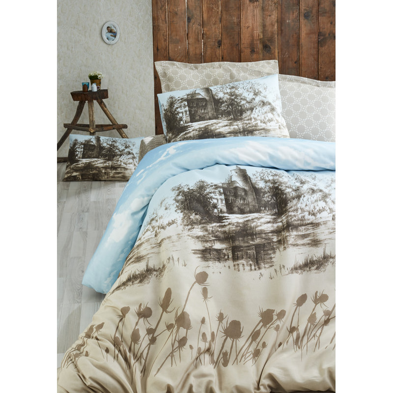 Ensemble de housse de couette en mélange de coton bleu / taupe / gris Dillinger