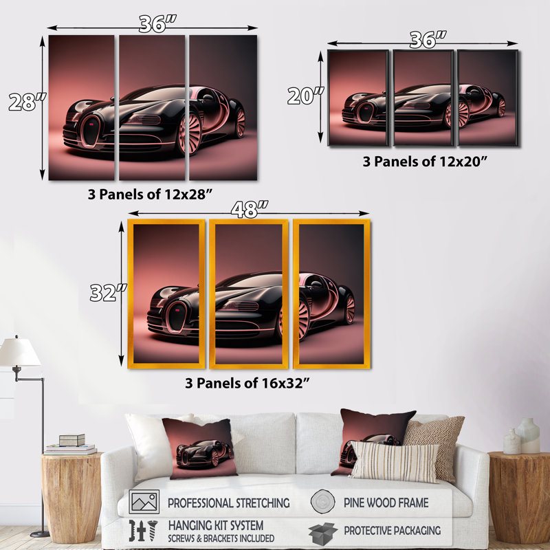 «Visionary Bugatti Design» en noir et magenta - impression sur toile 3 pièces, L 36 po x H 28 po, Encadrement doré