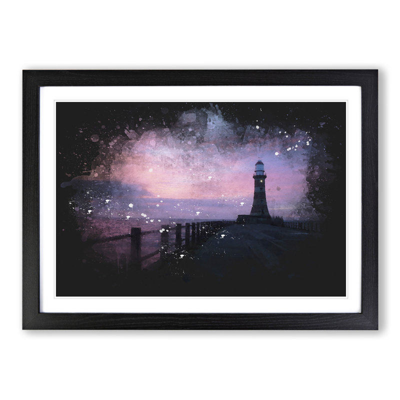 Lighthouse at Sunset - Picture Frame Graphic Art, 65cm H x 90cm W x 2cm D, Black Framed