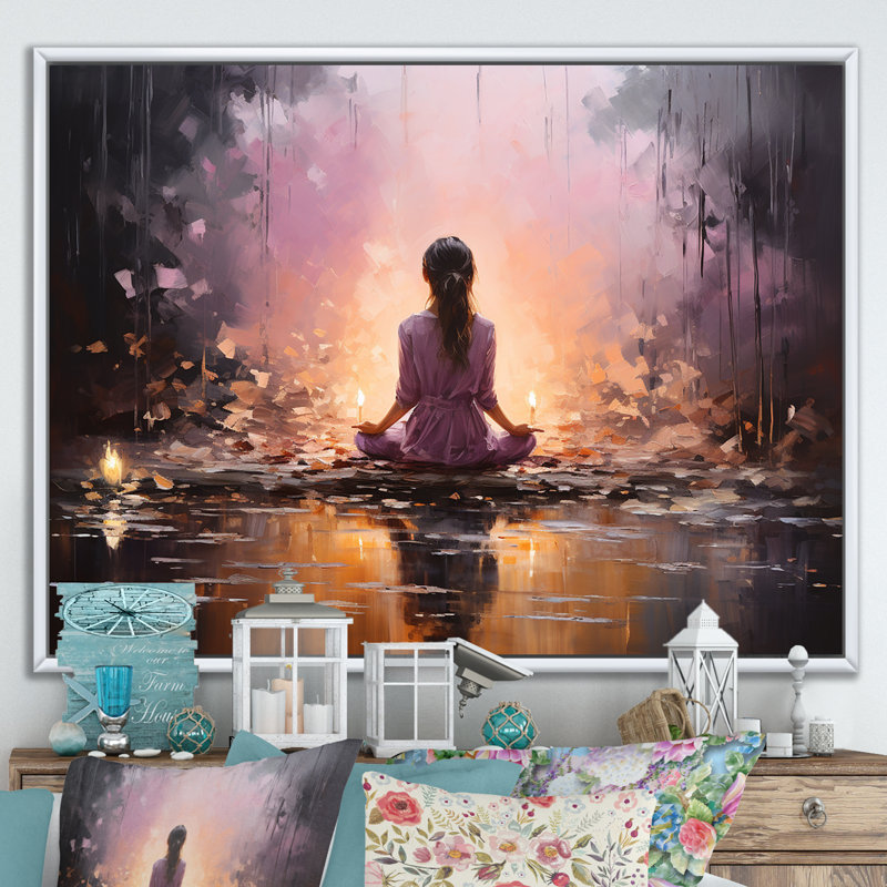 «Pink Yoga Mediation I», reproduction sur toile, Cadre flottant blanc, H 34 po x l 44 po