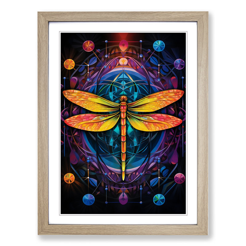 XYZ-FRM-V1223-560 Dragonfly Geometric - Single Picture Frame Print on Wood, Oak, 34cm H x 25cm W x 2cm D