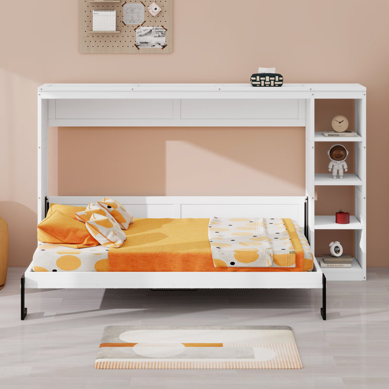 Lit armoire mural en bois intégré avec tablettes, Blanc