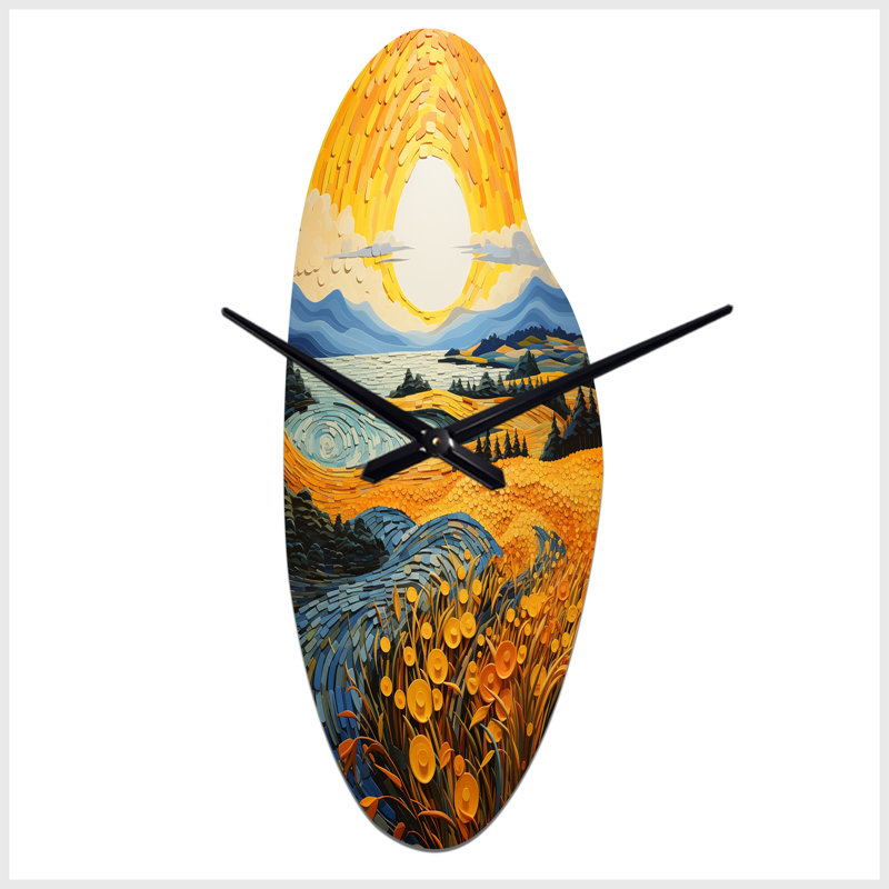 Vangogh Harvest Time In The Wheat Fields II - Curved Shape Large Yellow Wall Clock - Unique Shape, Medium