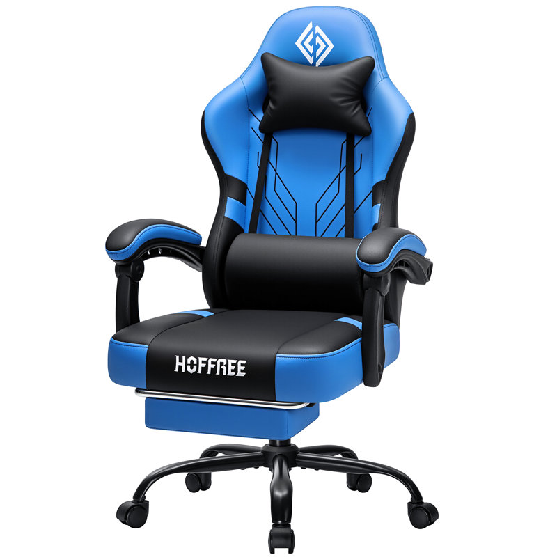 Fauteuil de jeu ergonomique en similicuir chauffant et massant avec fonction de vibration à 7 points en noir / bleu