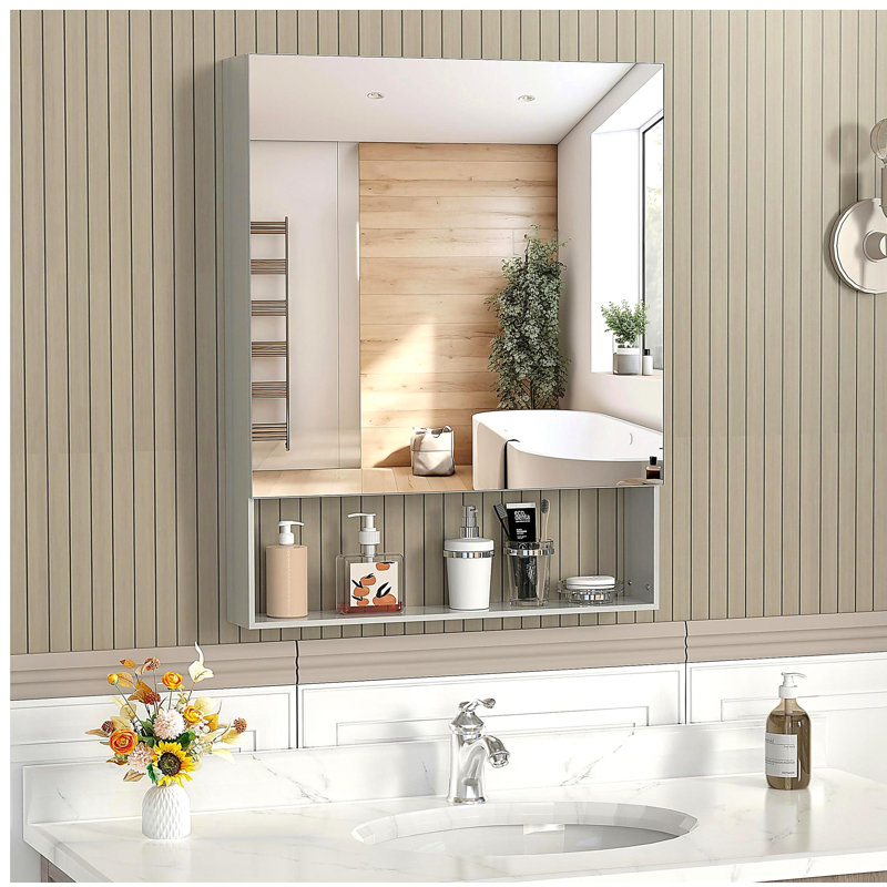 Armoire à pharmacie 24 po x 30 po avec miroir pour salle de bain, miroir de salle de bain mural avec rangement, tablettes réglables, cadre en aluminium, fixation en surface argent