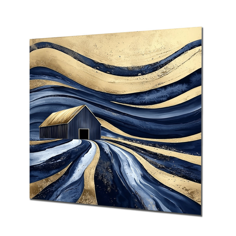 Abstrait bleu et or grange III - ferme, décoration murale en métal, impression grange, H 16 po x l 16 po x P 0,84 po