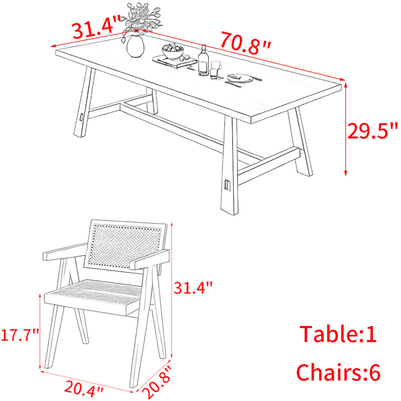 Ensemble de table de salle à manger en bois massif de style nordique, H 29,5 po x L 70,8 po x l 31,4 po