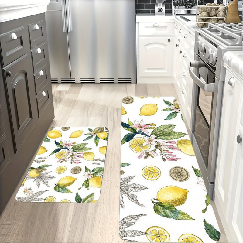 Ensemble de 2 tapis de cuisine antidérapants à motif floral citron