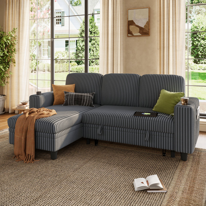 Sherry 81'' Upholstered Modular Sectionals with Pull Out Sofa,Storage Chaise,USB Charging & Cup Holders, Milo Gray Corduroy