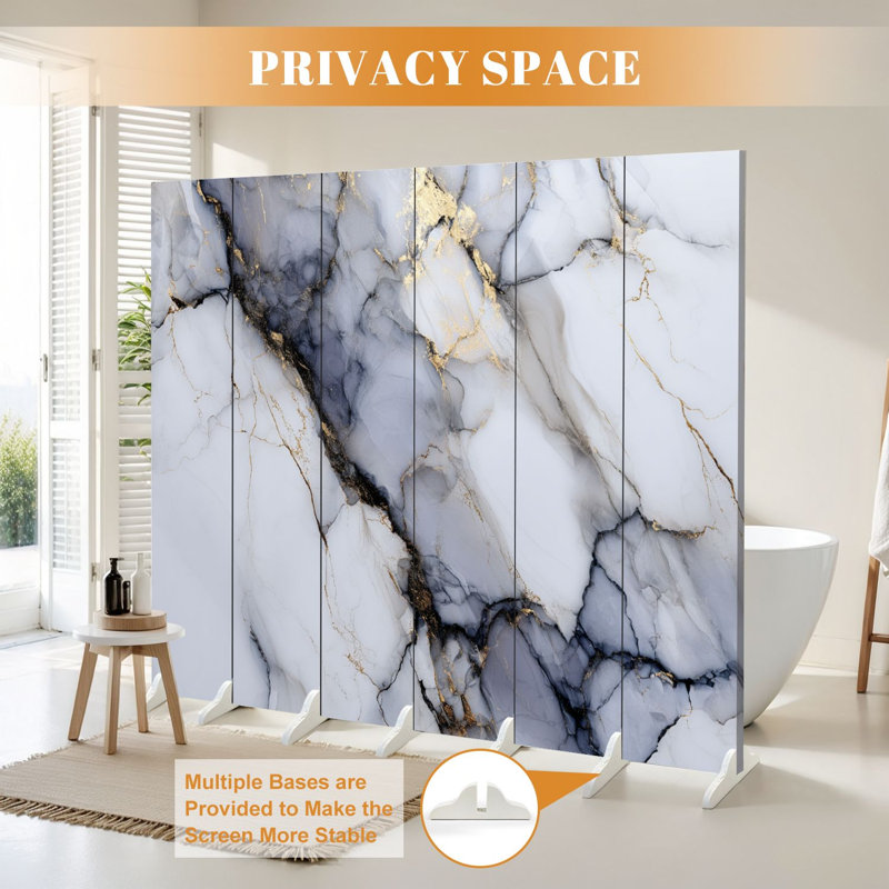 Cloison pliante à 6 panneaux avec paravents abstraits en noir et blanc, or et toile de marbre, 6, H 71 po x l 96 po x P 1 po