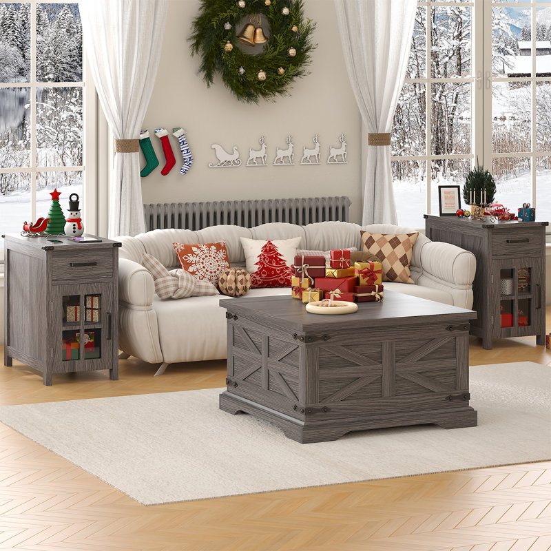 Farmhouse Coffee Table with Large Hidden Storage, Square Wood Living Room Tables, Multi-Function Lift Wooden Barn Door Center Table