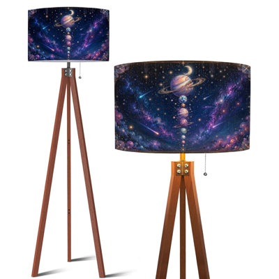  Lampe sur pied à trépied à alignement céleste, étoiles de la nébuleuse, Cosmic Galaxy, lampe sur pied à DEL à intensité variable avec pieds en bois de hêtre et abat-jour en lin amovible pour salon et chambre à coucher