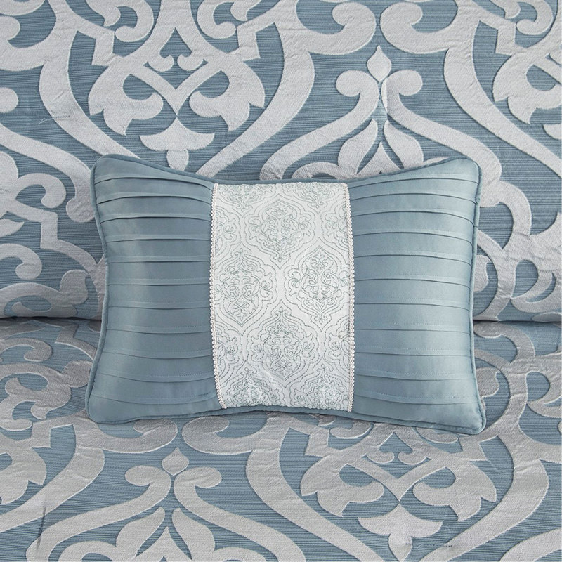 Ensemble d'édredon 8 pièces jacquard turquoise / argent grand, Argent / turquoise, Édredon grand + 7 articles supplémentaires