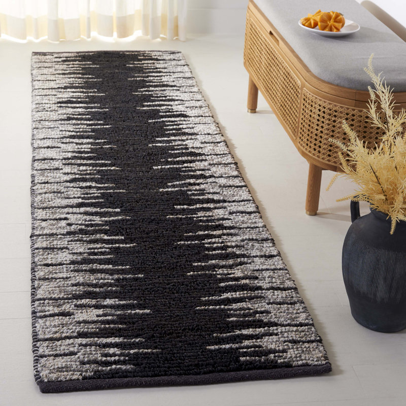 Wendell Natural Fiber Hand Woven Jute/Wool Abstract Rug in Black/Beige, Runner 2'3" x 8'