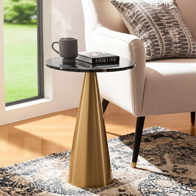 Modern Pedestal Side Table With Marble Top And Conical Base - Functional Narrow End Table For Living Room Display - 22.25", Black