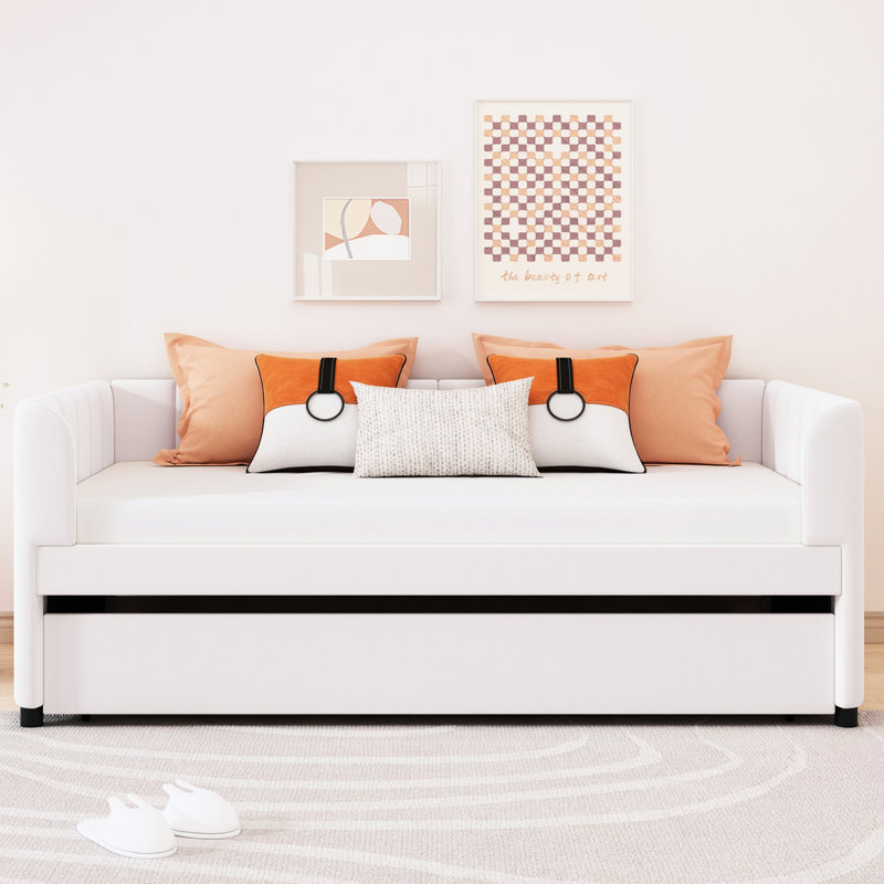 Lit de jour simple beige avec rangement gigogne extensible, ergonomique et flexible, Beige