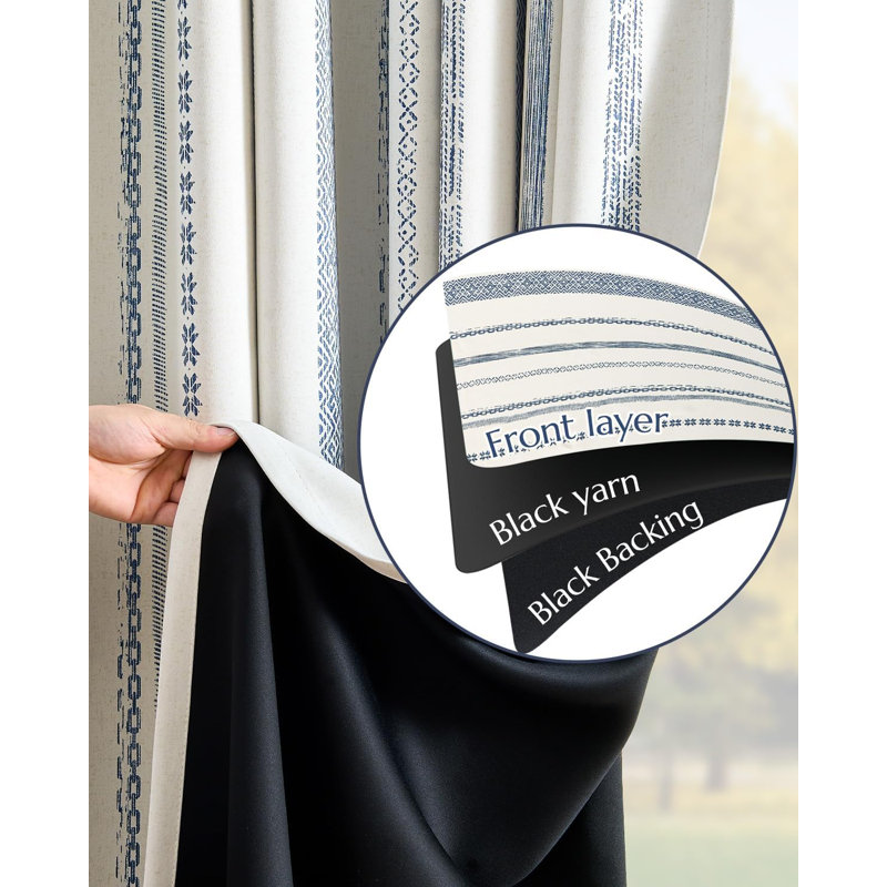 Blackout Boho Printed Geometric Farmhouse Curtains, 52" W x 63" L, Blue