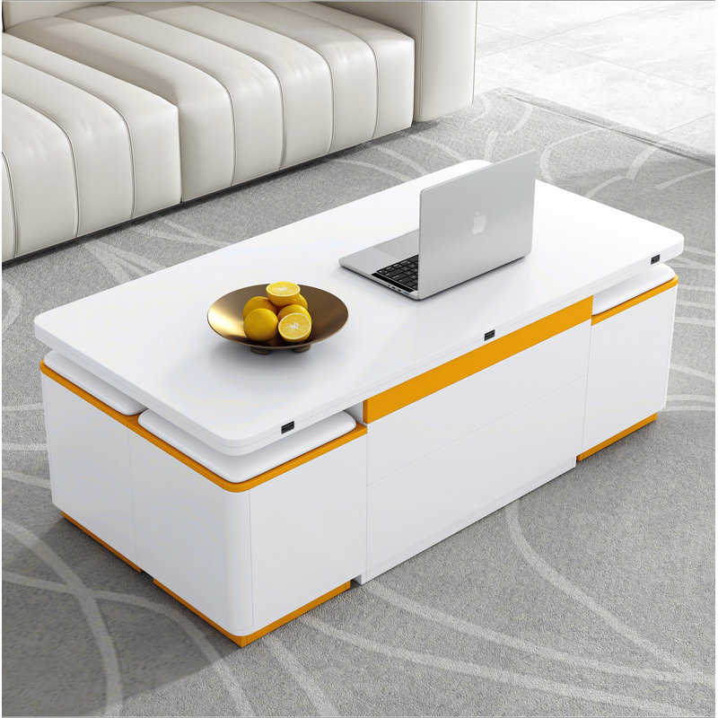 Table basse à plateau relevable avec 4 tabourets de rangement, table basse moderne avec plateau pliable, table basse réglable multifonctionnelle pour le salon