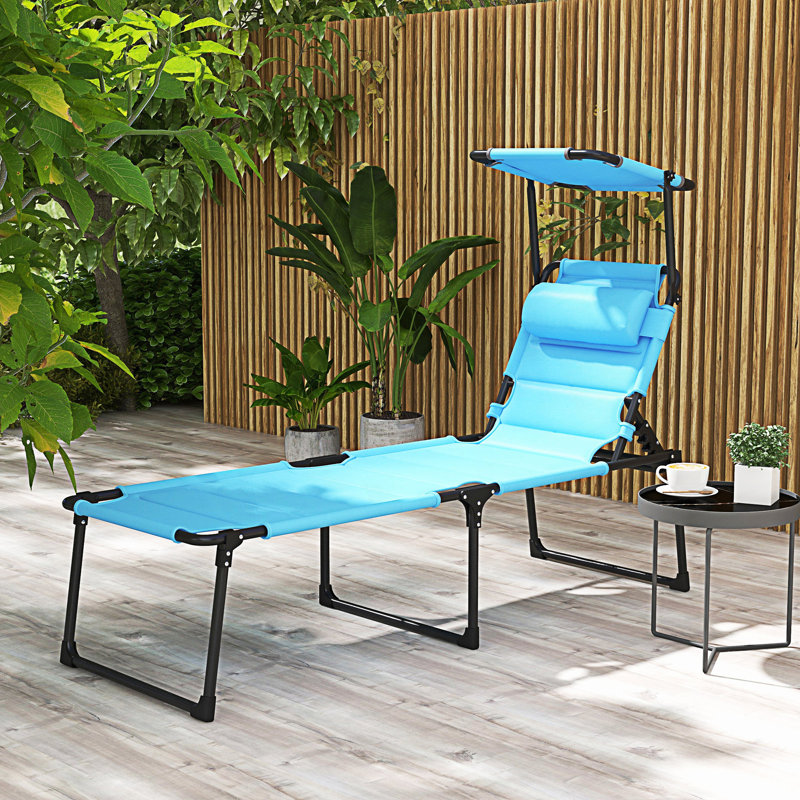 Outdoor Lounge Chair, Adjustable Backrest Folding Chaise Lounge, Cushioned Chair With Sunshade Roof & Pillow Headrest