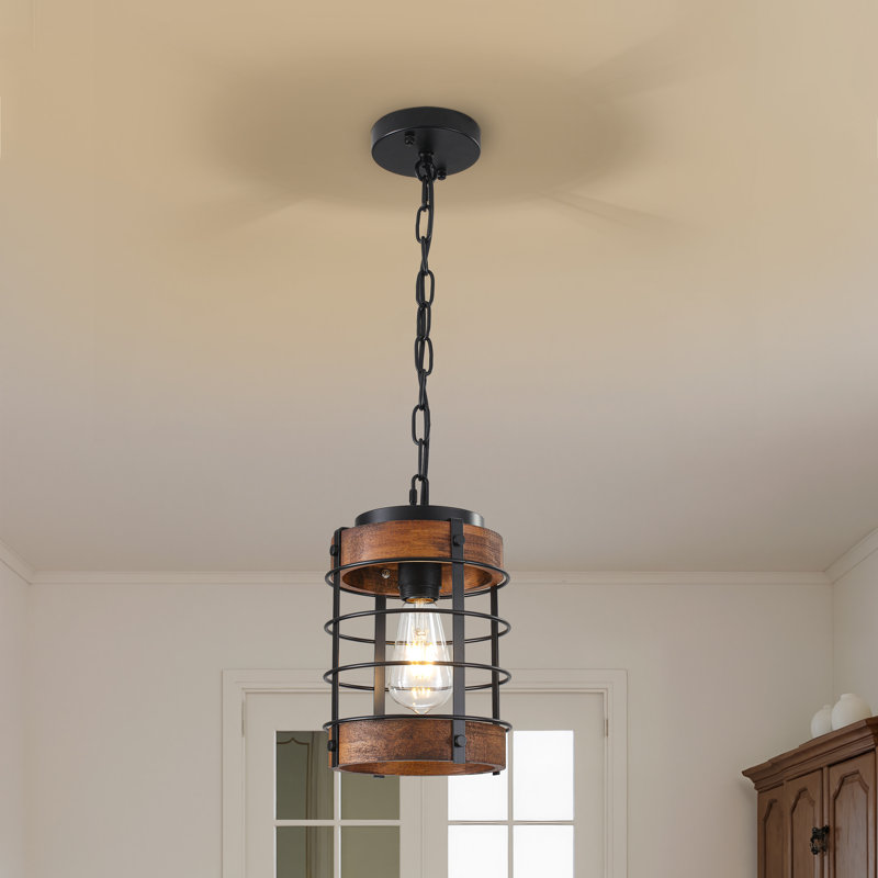 1‑Light Black Wood Cage Pendant Light Adjustable Chain