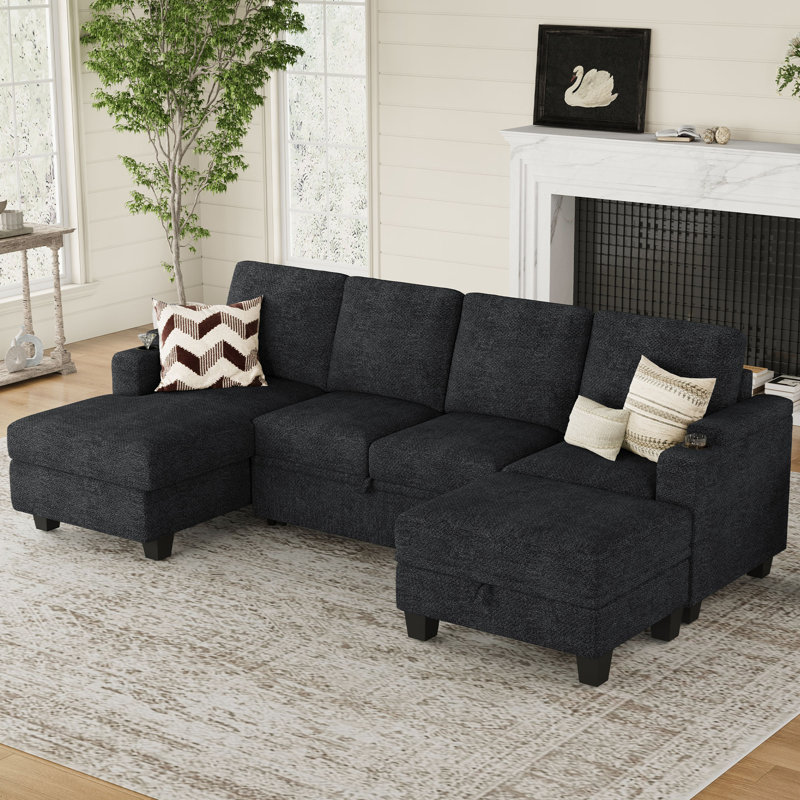 Anjana Chenille Storage Sofa Modular Sectional Sofa Bed With Removable Cushion Cover, Dark Gray Chenille