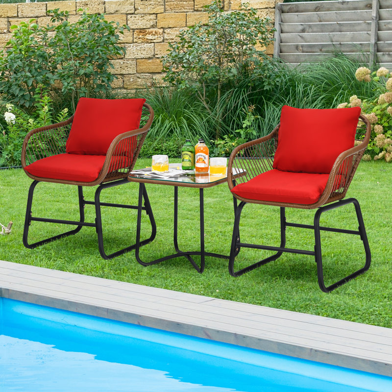 Artis Beachcrest Home? 3pcs Outdoor Bistro Set Patio Conversation Furniture Set W/ Cushions, Red