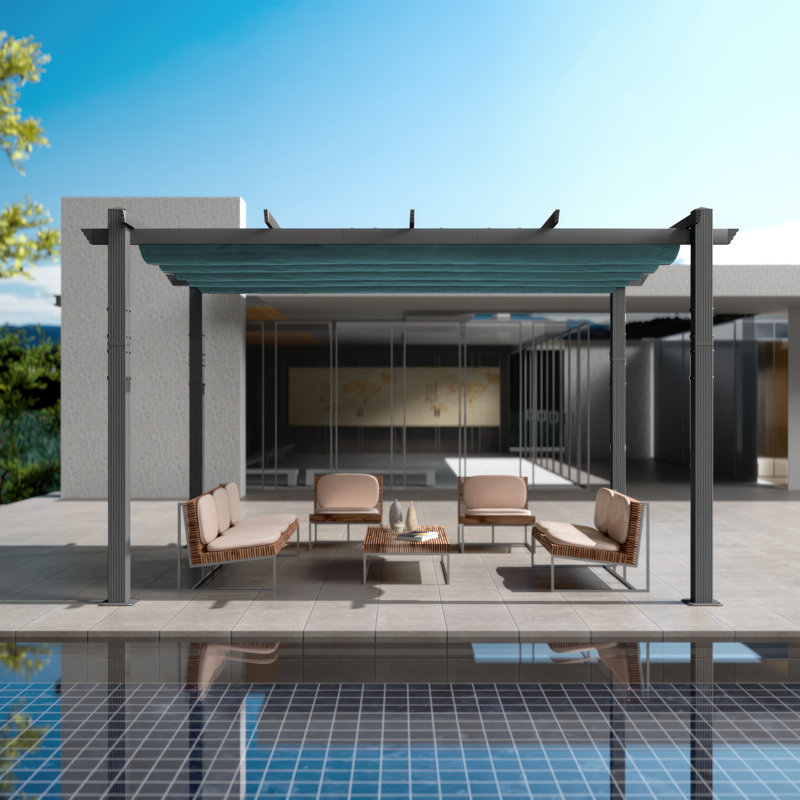 Morgan Outdoor 10 ft. x 13 ft. Pergola with Blue Retractable Sun Shade Canopy