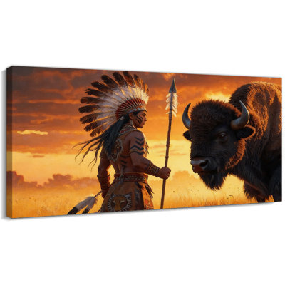 Native American Canvas Wall Art, Warrior and Bison Canvas Prints, Indian Decor Feather Headdress Painting, Rustic Poster for Living Room Office, Ready to Hang Wall Artwork, Gallery Wrapped Framed, 12×24 Inches