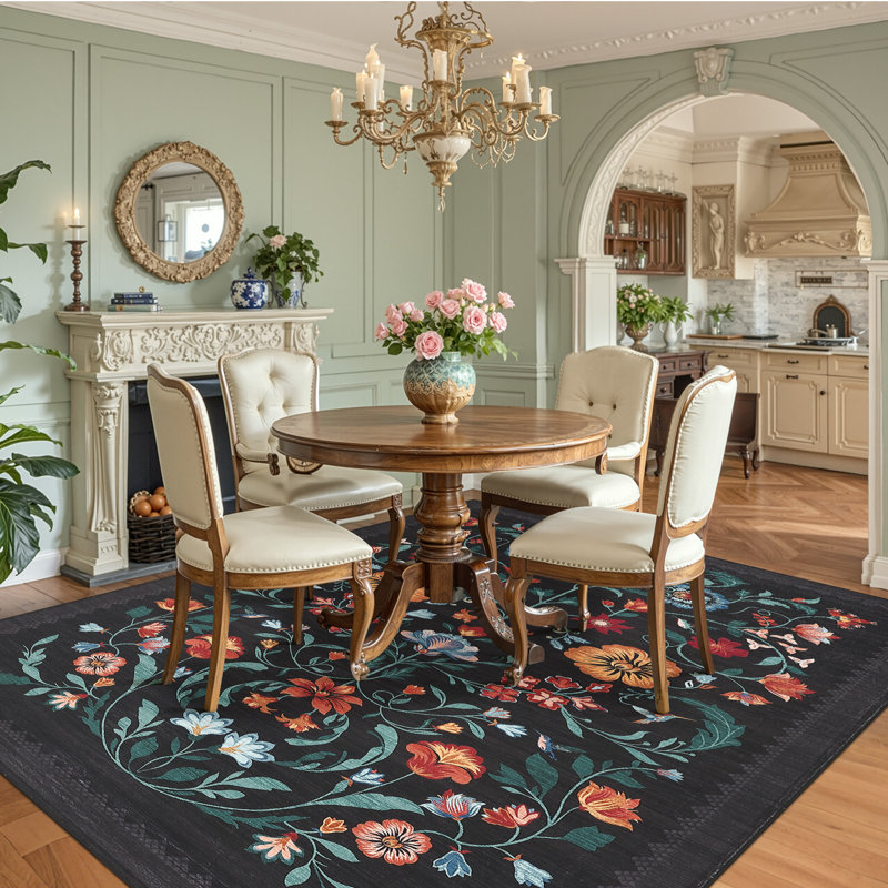 Floral Machine Washable Rug Non-Slip Farmhouse Floor Cover, Stain-Resistant Low Pile Indoor Carpet Mat for Living Room