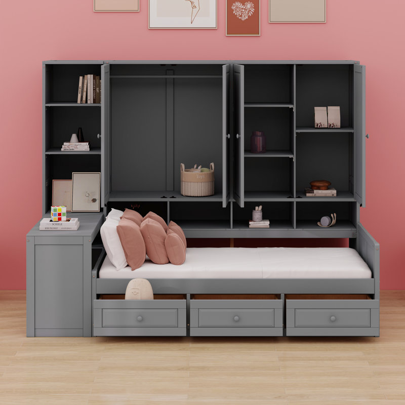 Wooden Daybed With Three Drawers, And All-In-One Cabinet, Desk And Shelves, Gray
