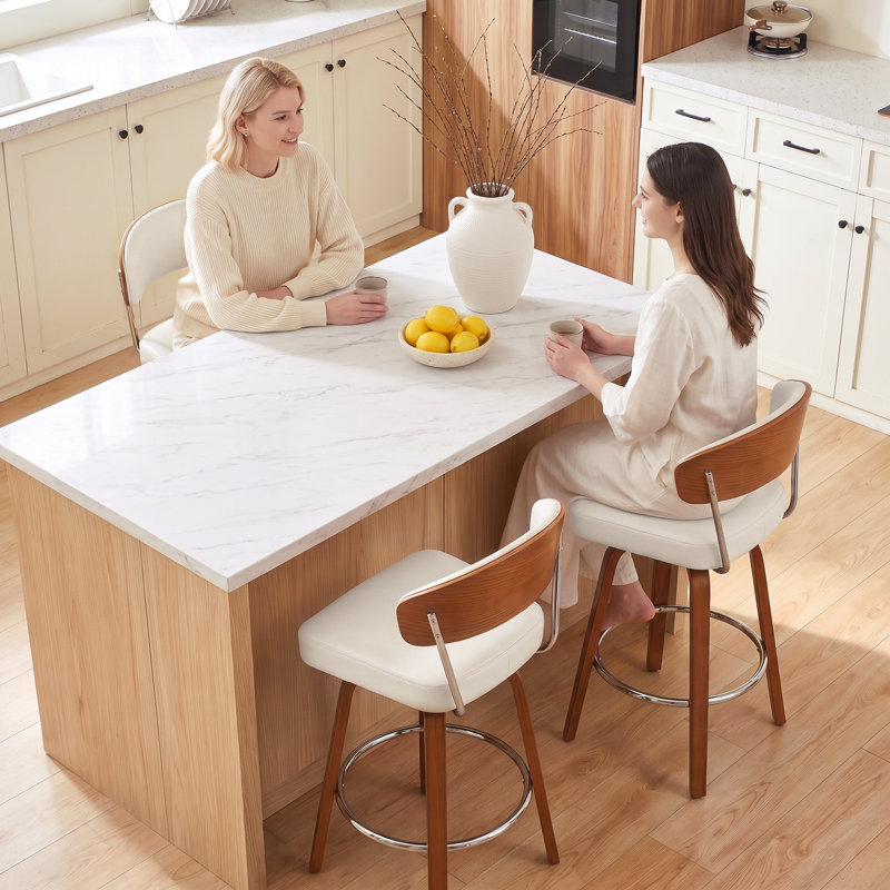 Swivel Beige Bar Stools Set of 4, 26" Upholstered Counter Height Bar Stools with Back and Wood Legs, Faux Leather Modern Barstools for Kitchen Counter
