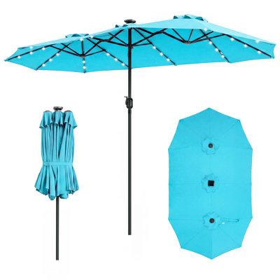 Parasol de patio 13 faces double face avec lumières solaires, 36 lumières DEL, manivelle turquoise