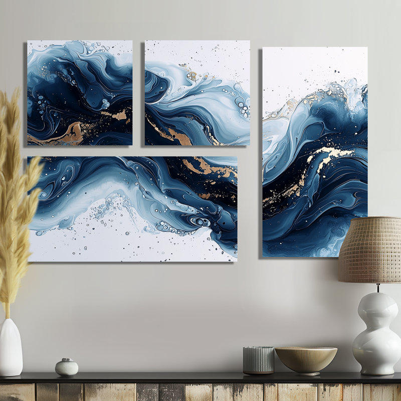 Or et bleu céleste fluidité II - art mural abstrait grand 4 pièces, Toile tendue, Ne s’applique pas