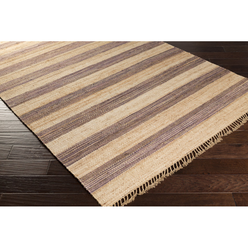 Tapis rayé fait à la main en jute / sisal aubergine / blé Davian, Rectangle 8 pi x 11 pi