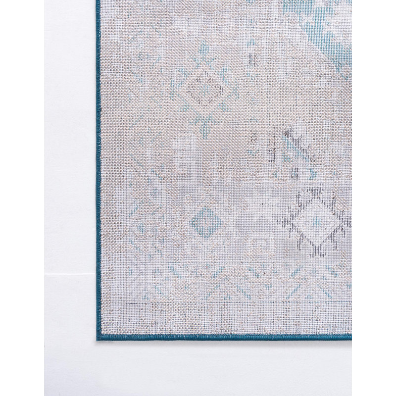 Tapis bleu à motif géométrique Dota, Tapis de couloir 2 pi x 6 pi 1 po