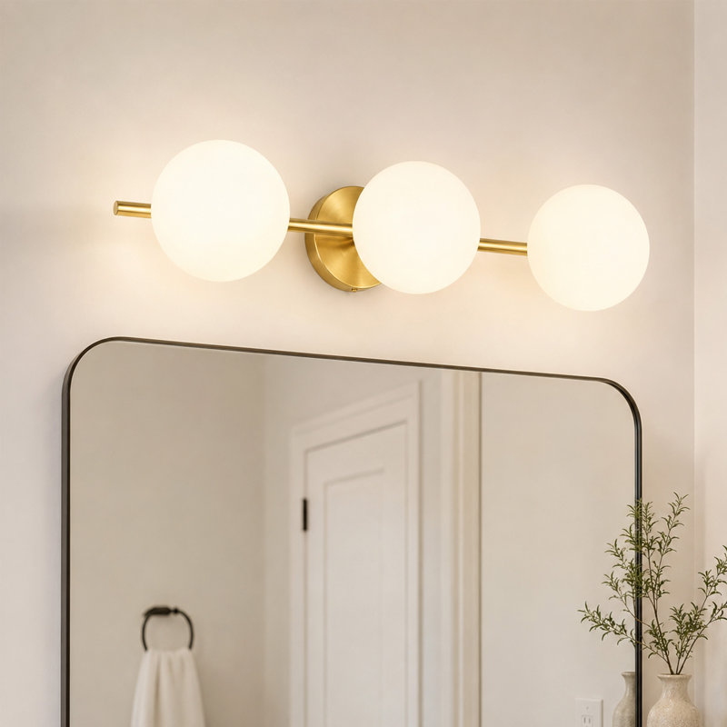 Éclairage pour meuble-lavabo moderne en or brossé 3 lumières 24 po avec abat-jour en verre blanc, base G9